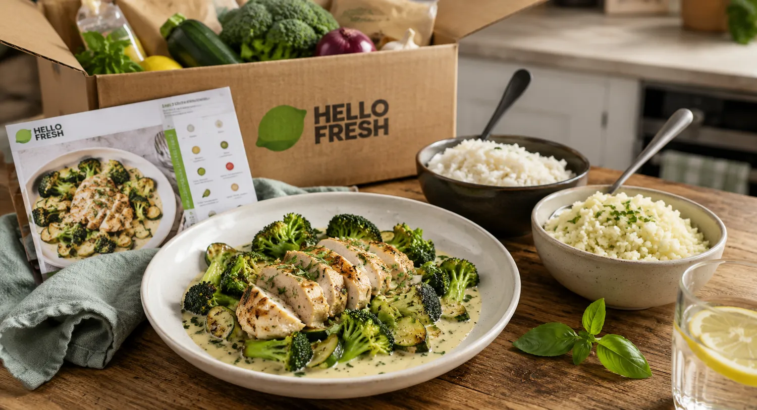 HelloFresh ret med kylling og grøntsager serveret med både ris og blomkålsris til en keto og low carb familiehverdag