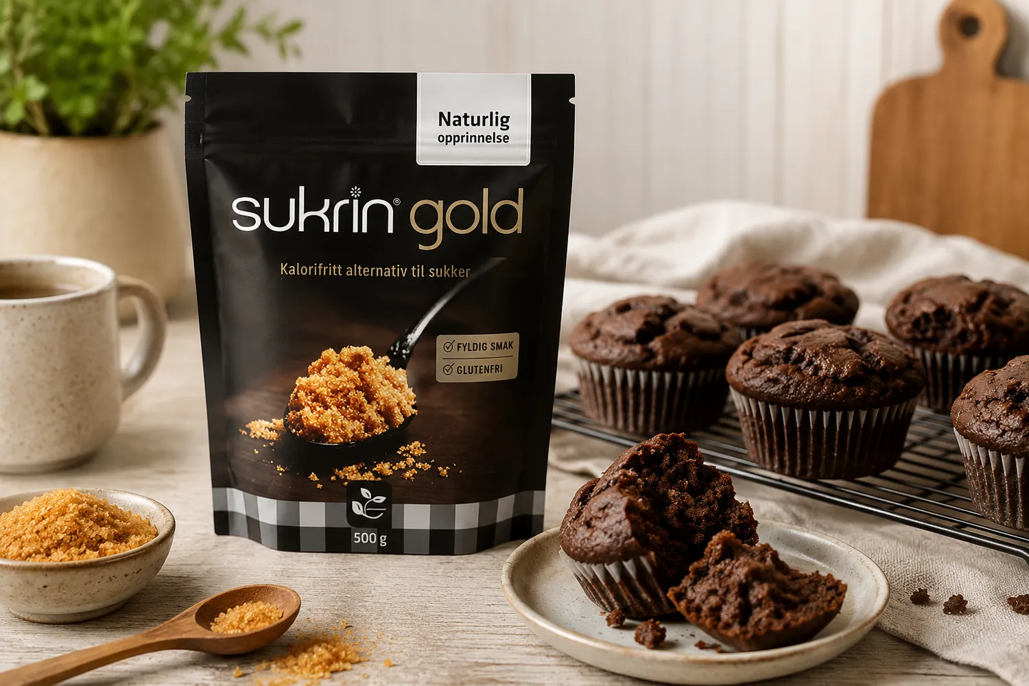 Pose med Sukrin Gold omgivet af keto-chokolademuffins, en skål sødemiddel og en kop kaffe