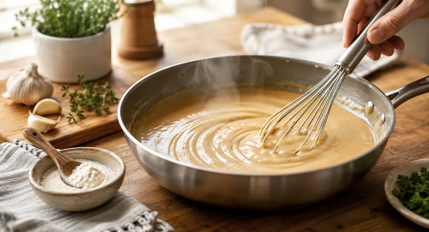 Cremet sauce jævnes med xanthangummi i en pande, mens den piskes glat med et piskeris.